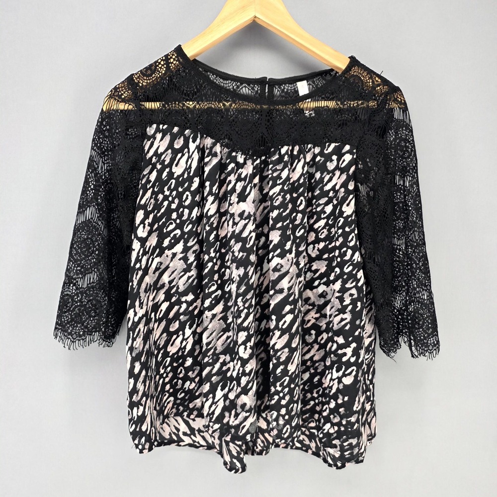 Xhilaration Blouse Women Medium Black Pink Leopard Lace Yoke 3/4 Sleeve Top